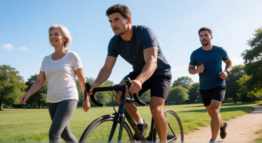 que es mejor correr bicicleta o caminar, Personas caminando, haciendo bicicleta y corriendo en un parque