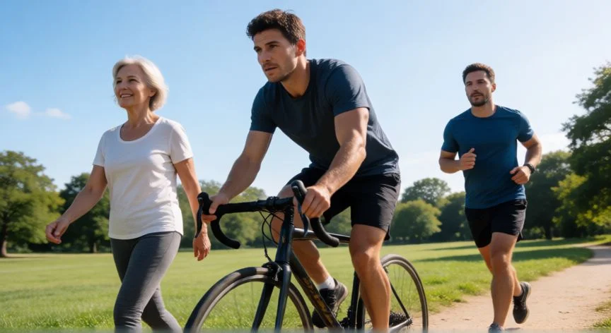 Personas caminando, haciendo bicicleta y corriendo en un parque