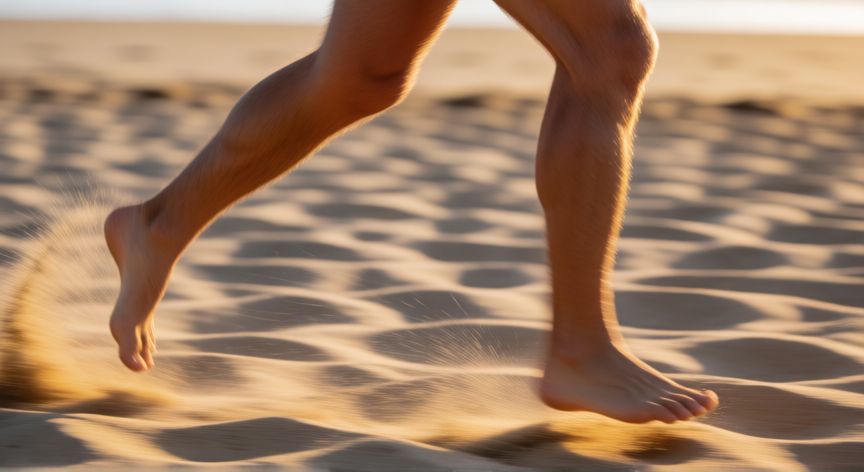 que es mejor correr con zapatillas o descalzo por la arena, Pies descalzos corriendo sobre arena de playa al atardecer