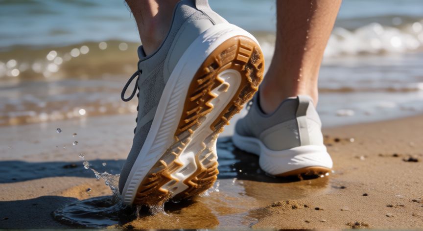 que es mejor correr con zapatillas o descalzo por la arena, Zapatillas minimalistas sobre arena húmeda cerca del mar