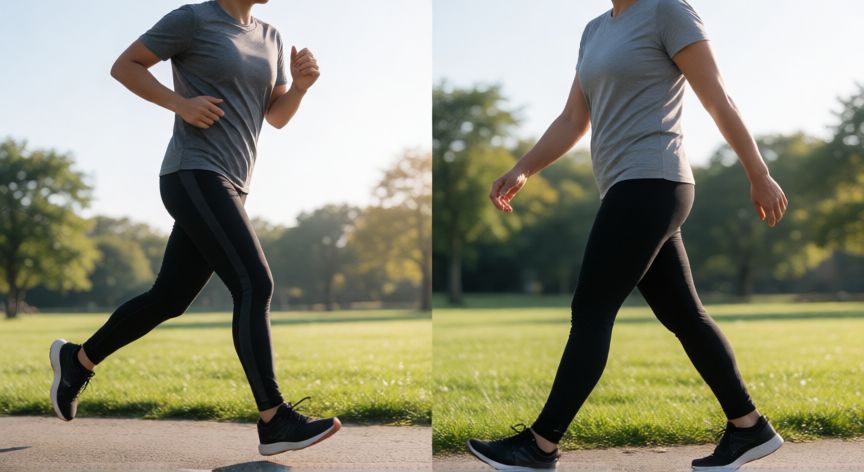 que es mejor correr media hora o andar una hora, Comparación visual entre una persona corriendo y otra caminando en un parque