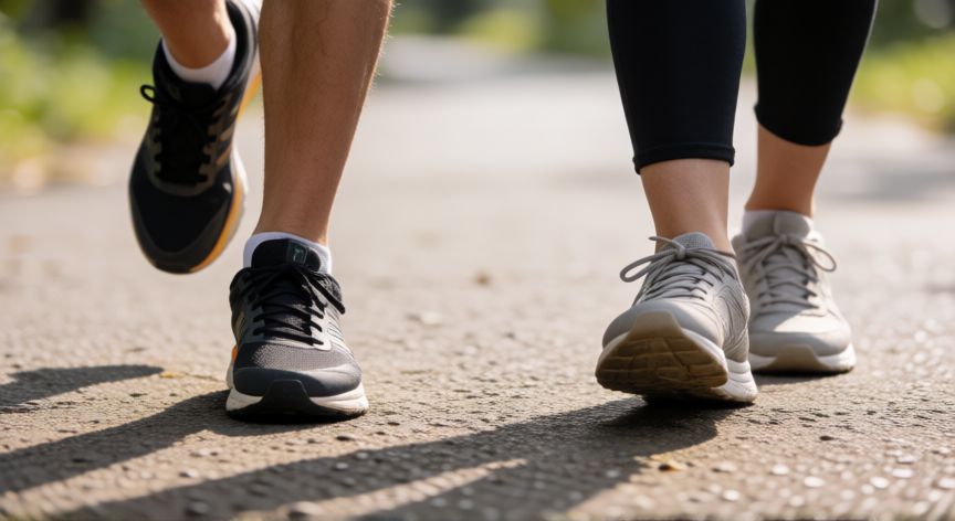 que es mejor correr media hora o andar una hora, Detalle de calzado deportivo para correr y caminar sobre una superficie pavimentada