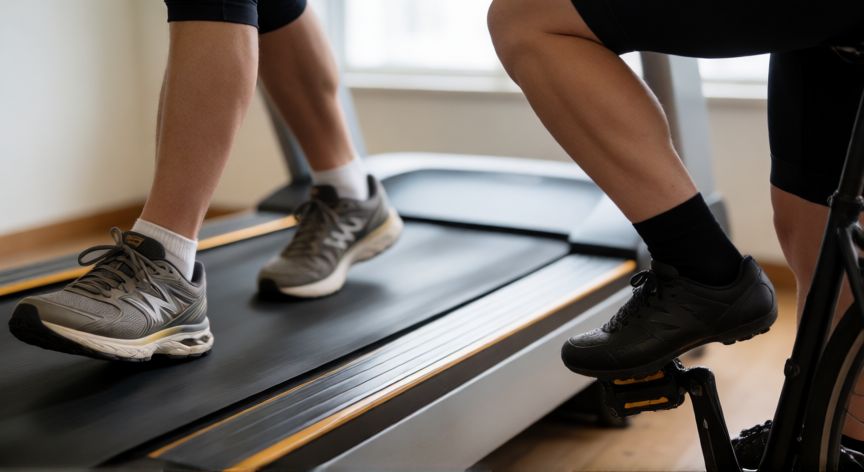 que es mejor correr o bici fija, Detalle de los pies en zapatillas de correr y pedaleando