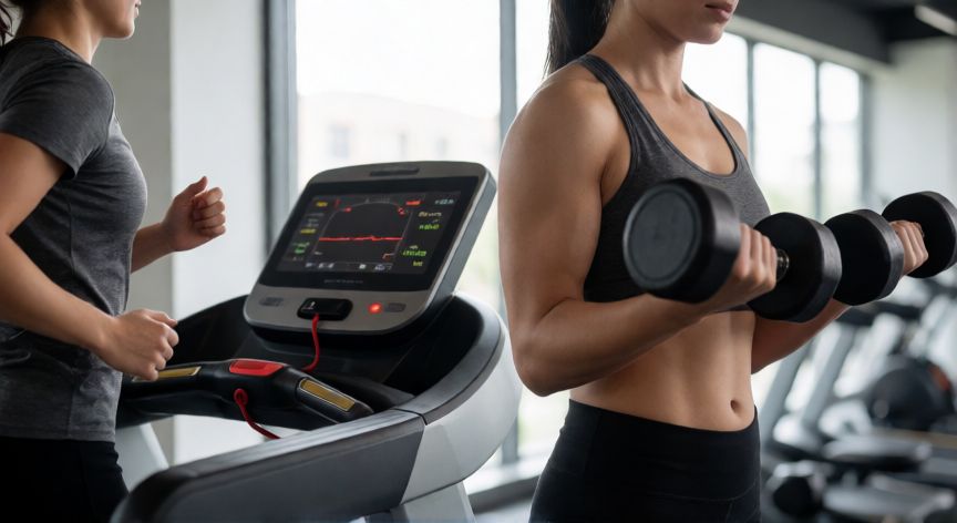 que es mejor correr o fuerza, Comparativa visual entre una persona corriendo en cinta y otra haciendo ejercicio de fuerza con mancuernas