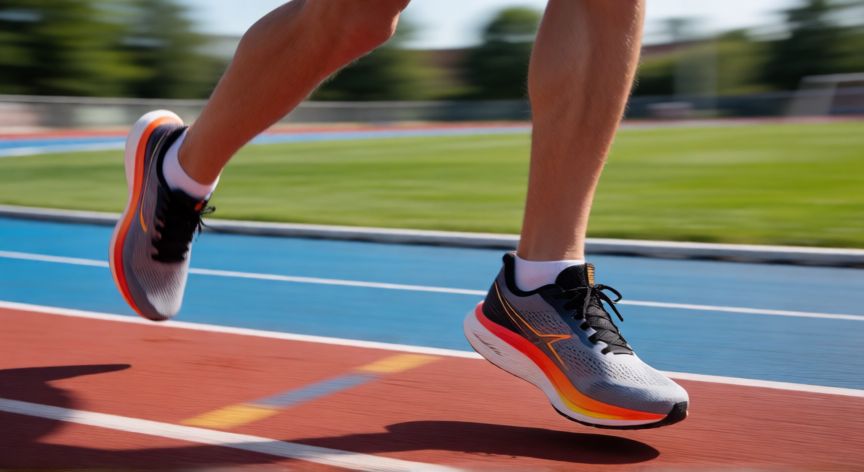 que es mejor correr o fuerza, Detalle de zapatillas de correr en una pista deportiva mostrando el impacto al correr
