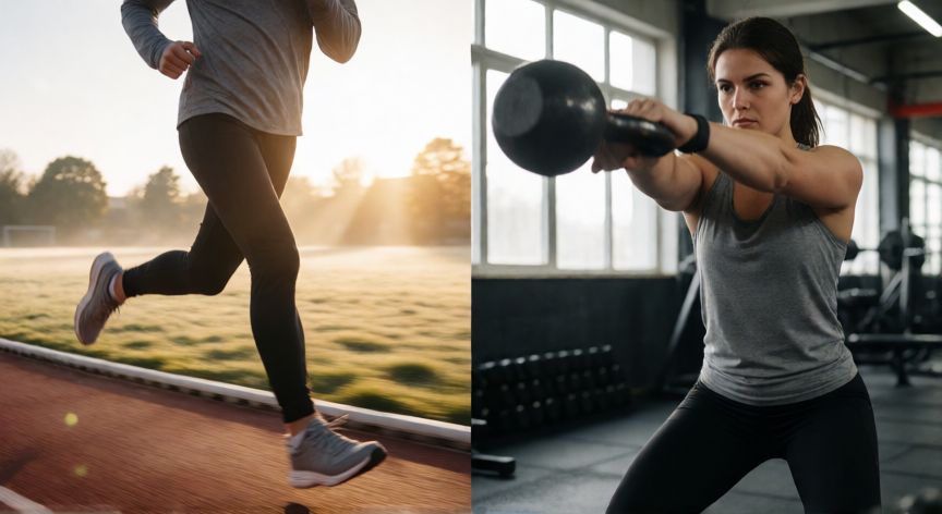 que es mejor correr o hacer funcional, Comparativa visual entre correr en una pista y hacer ejercicio funcional con kettlebells