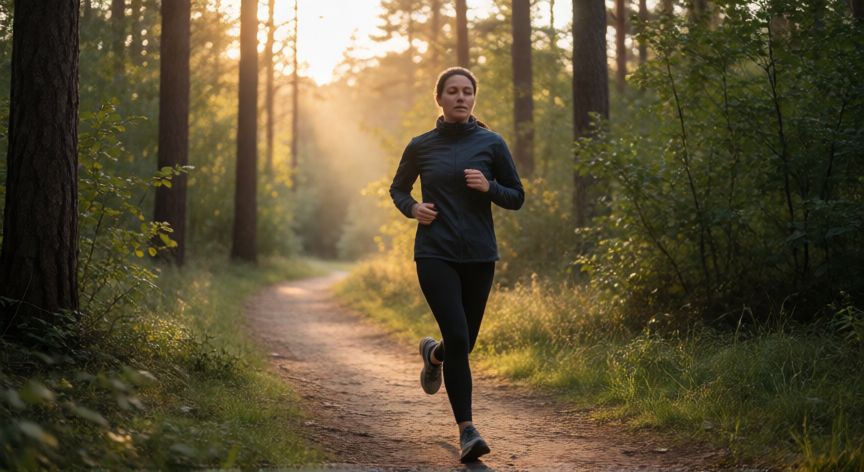 que es mejor correr o jugar futbol, Persona corriendo sola en un bosque durante la hora dorada