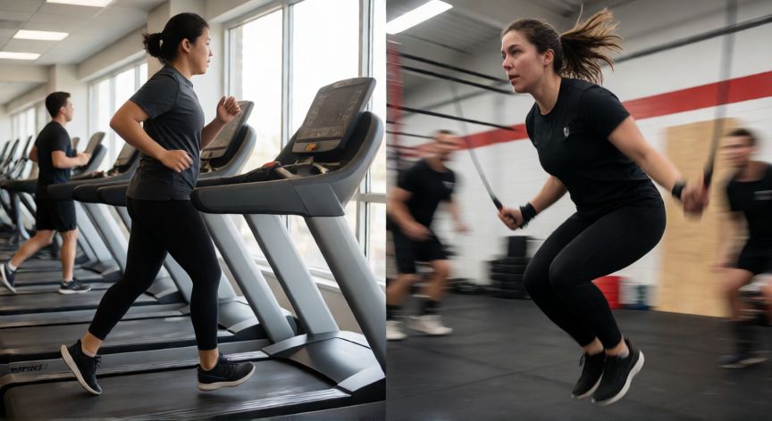 que es mejor correr o jumping, Comparación visual entre correr en cinta y realizar ejercicios de salto en gimnasio