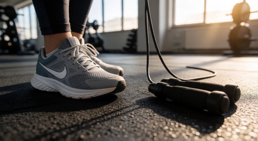 que es mejor correr o jumping, Detalle de zapatillas deportivas y cuerda para saltar en el suelo del gimnasio