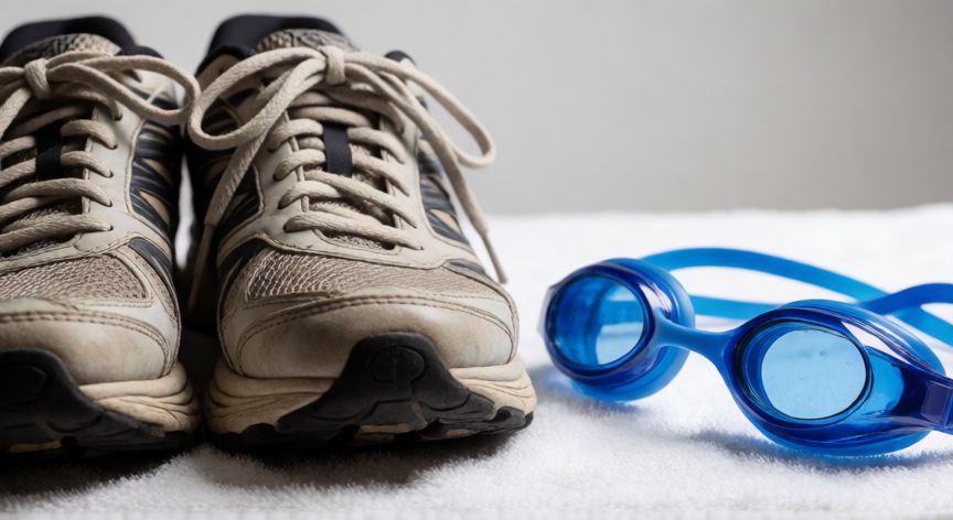 que es mejor correr o nadar para bajar de peso, Zapatillas de correr y gafas de natación sobre una toalla