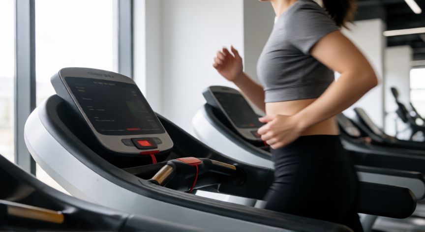 que es mejor correr o subir y bajar escaleras, Persona corriendo en una cinta de correr en un gimnasio moderno