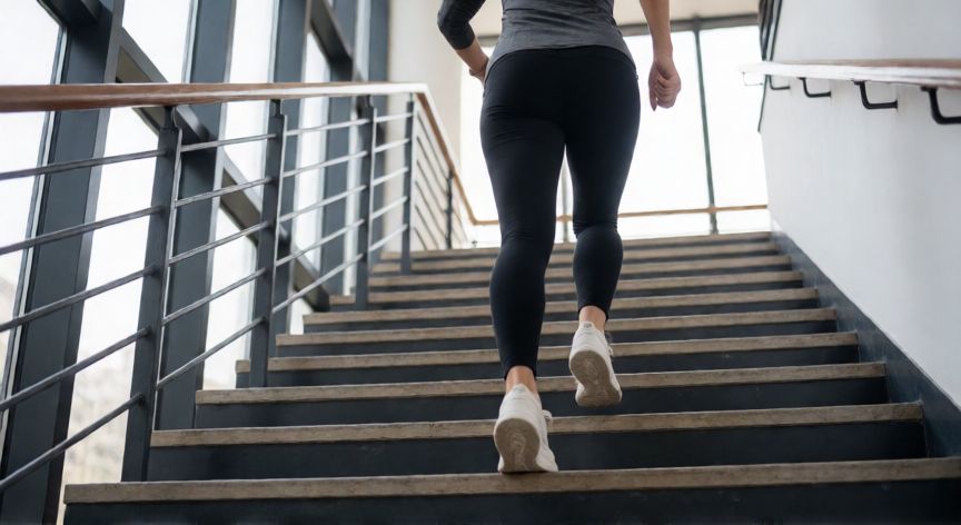 que es mejor correr o subir y bajar escaleras, Persona subiendo escaleras en un edificio de oficinas con ropa deportiva
