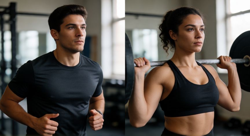que es mejor correr primero o hacer ejercicio, Comparativa visual entre una persona corriendo y otra levantando pesas en un gimnasio