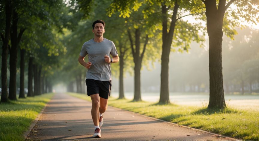 que es mejor correr rapido o mas tiempo, Corredor realizando ejercicio de resistencia moderada en un parque durante la mañana
