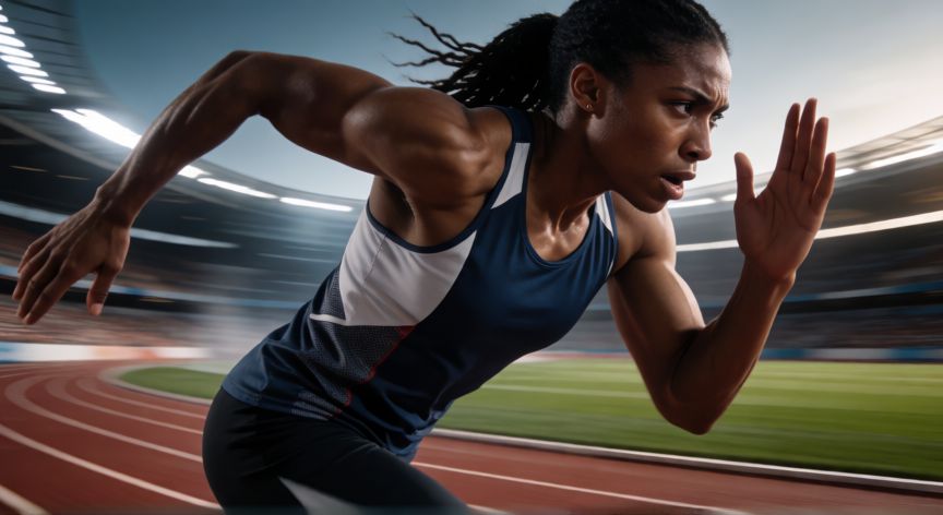 que es mejor correr rapido o mas tiempo, Atleta corriendo a máxima velocidad en una pista de atletismo mostrando alta intensidad