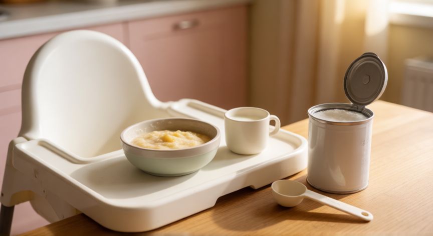 que es mejor formula o leche entera, Zona de alimentación del bebé con puré, vaso de leche y lata de fórmula infantil