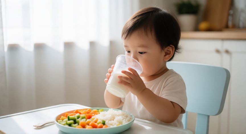 que es mejor formula o leche entera, Niño de 18 meses bebiendo leche entera de un vaso en la mesa del comedor
