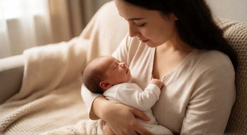 Madre amamantando a su bebé en un ambiente cálido y acogedor