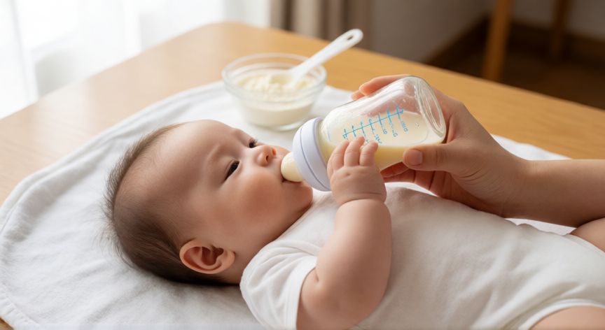 que es mejor formula o leche materna, Bebé siendo alimentado con biberón de fórmula infantil sobre una manta blanca