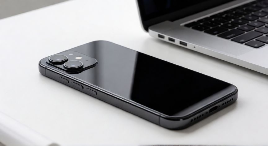 que es mejor iphone o android, Smartphone iPhone sobre escritorio blanco con iluminación de estudio