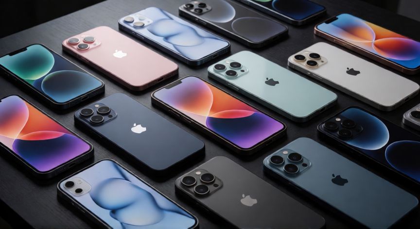 que es mejor iphone o android, Colección de teléfonos Android de distintas marcas y tamaños sobre mesa oscura