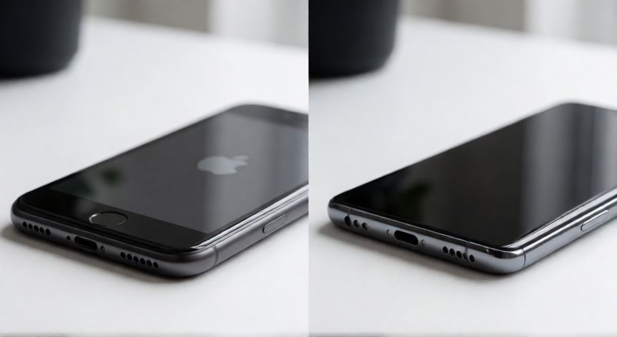 que es mejor iphone o samsung, Comparación visual de un iPhone y un teléfono Samsung en una mesa blanca