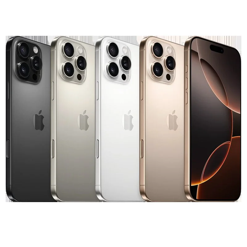 iPhone 16 Pro Max disponible en múltiples colores titanio negro, plata, blanco y dorado mostrando su diseño premium con triple cámara trasera