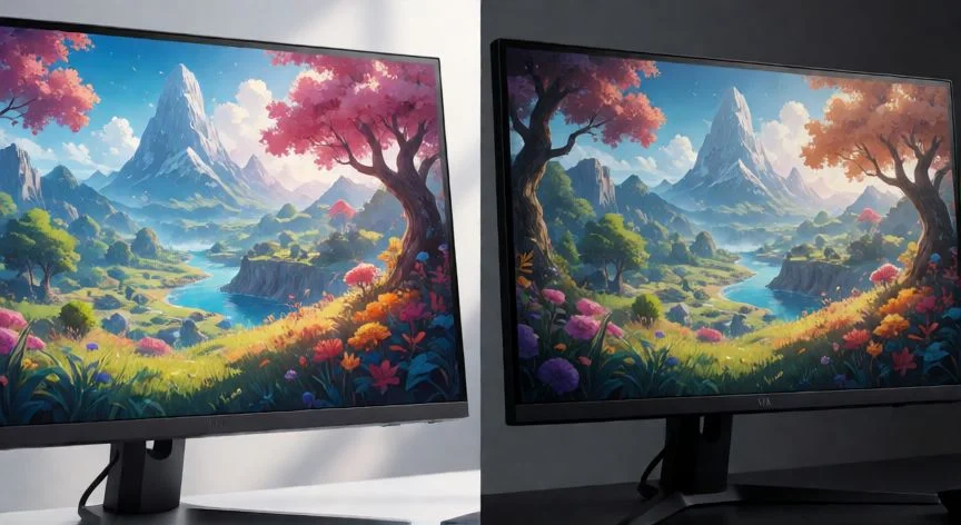 Comparativa de monitores gaming IPS y LED mostrando diferencias en color y contraste