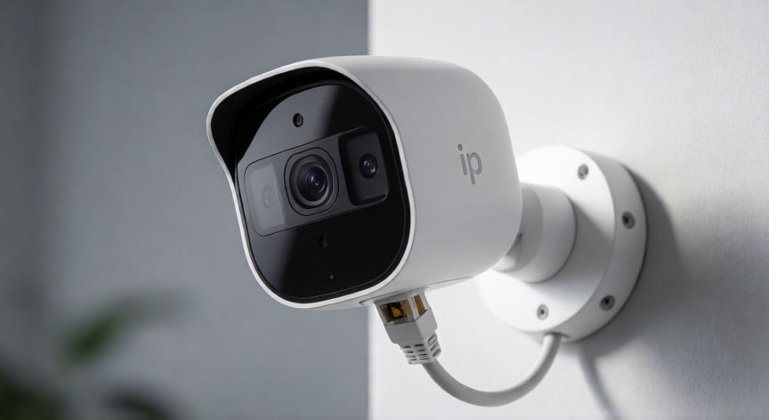 Cámara de seguridad IP conectada por cable de red en una esquina de pared