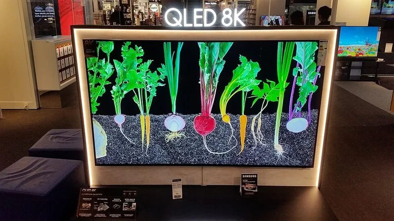 Televisor Samsung QLED 8K de 75 pulgadas en tienda mostrando imagen de hortalizas