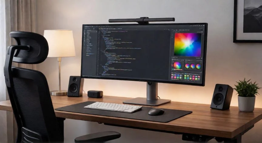 Configuración de escritorio con monitor profesional para trabajo y diseño gráfico