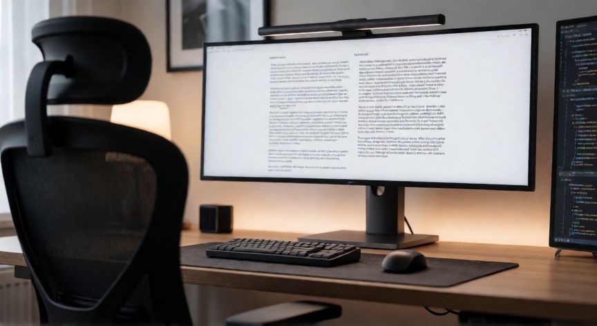 Configuración de escritorio con monitor ultrapanorámico y silla ergonómica