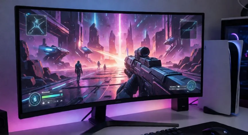 Setup de juego con monitor curvo y consola PlayStation 5