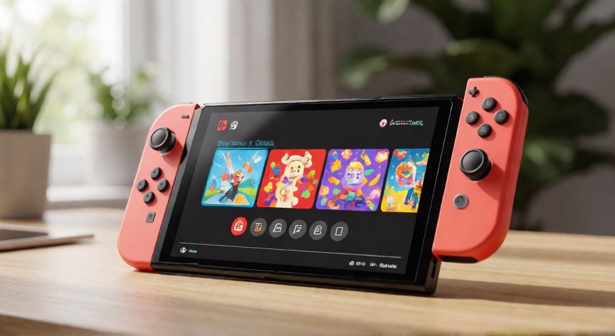 Nintendo Switch OLED de color coral sobre escritorio de madera