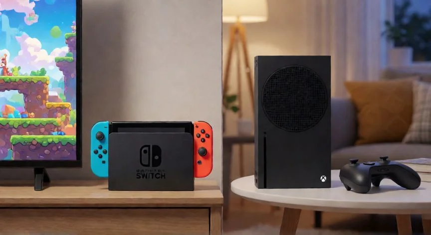Comparación visual entre Nintendo Switch OLED y Xbox Series S en un salón moderno