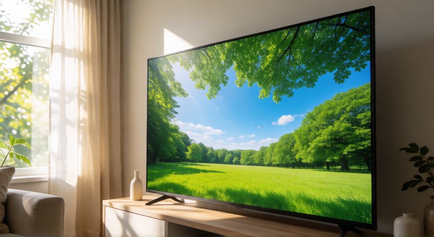 que es mejor oled amoled o qled, Televisor QLED en sala de estar luminosa mostrando colores vibrantes bajo luz natural