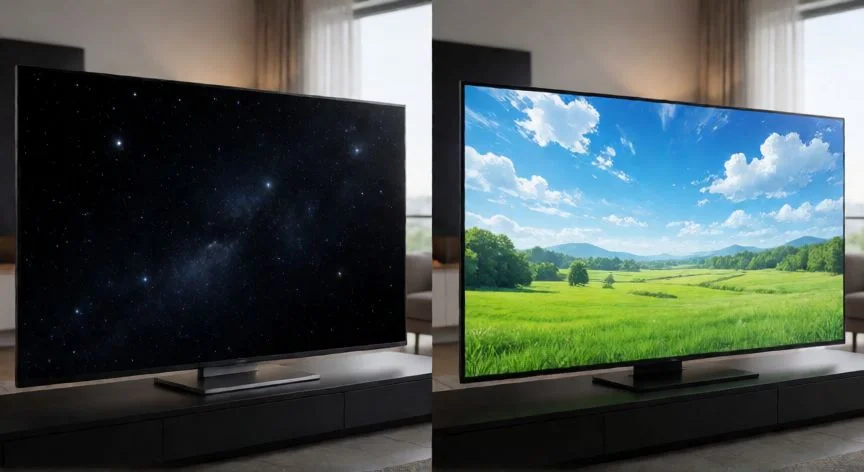 Comparación visual de pantallas OLED y QNED mostrando diferencias en contraste y brillo