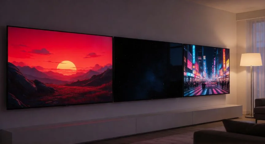 Comparativa visual de televisores OLED LED y QLED en un salón moderno
