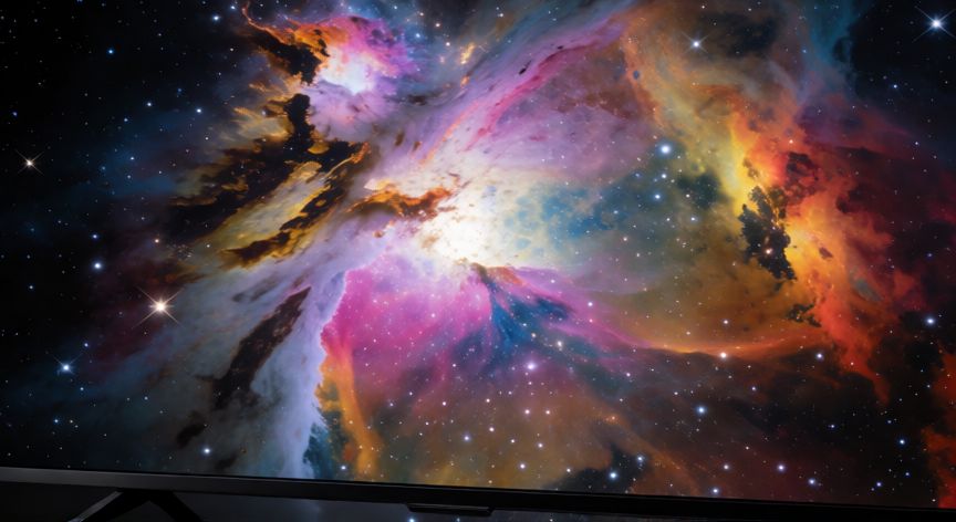 Detalle de pantalla OLED mostrando contraste infinito y colores vibrantes en una nebulosa cósmica