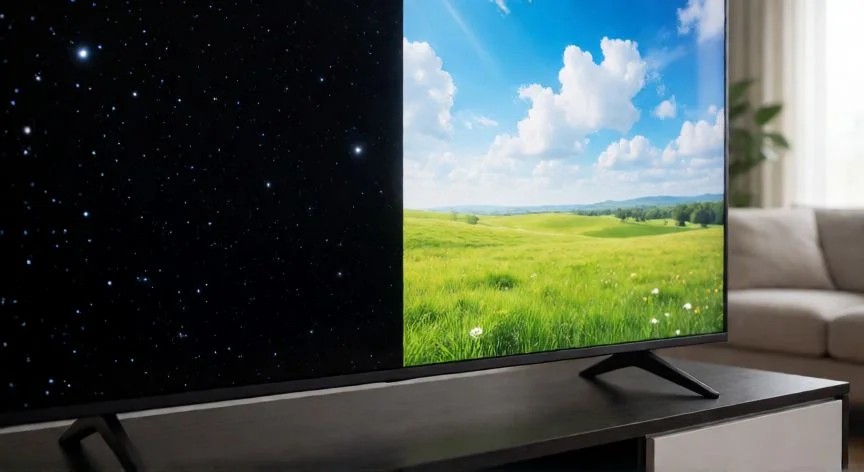 Comparación de calidad de imagen entre un televisor OLED y uno QLED en una sala moderna