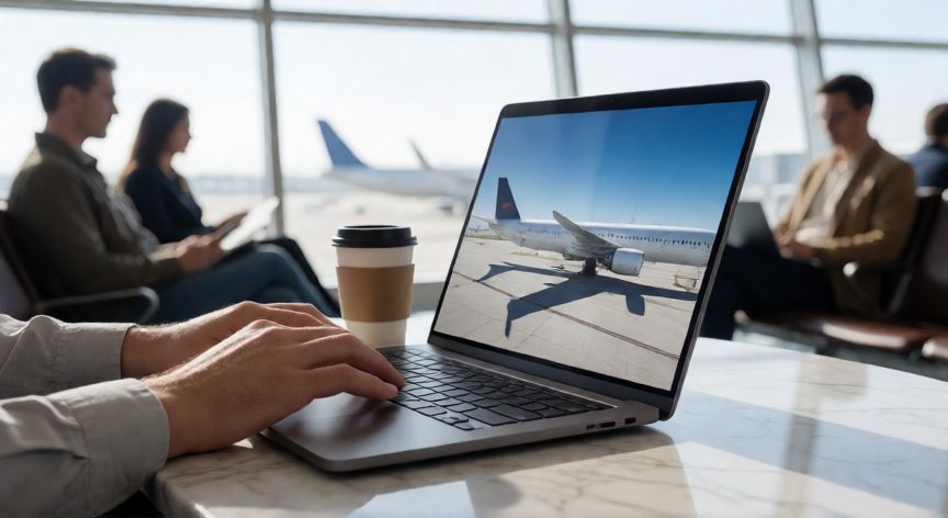 que es mejor ordenador de mesa o portatil, Persona trabajando con un portátil en un aeropuerto