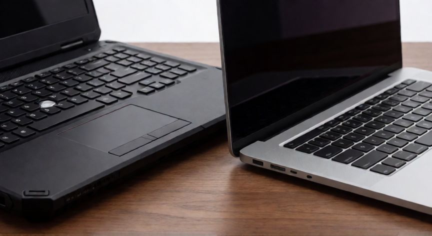que es mejor ordenador lenovo o hp, Comparativa de diseño entre un portátil Lenovo robusto y un HP elegante sobre una mesa de madera