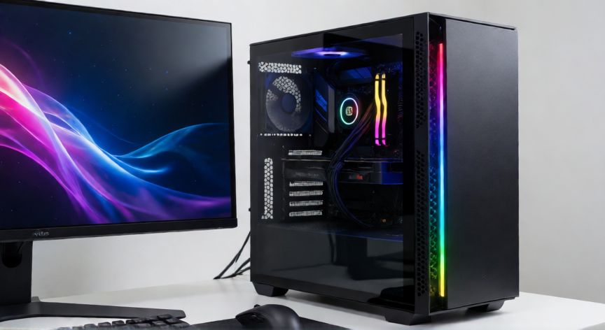 que es mejor ordenador o portatil, Ordenador de sobremesa con torre iluminada y monitor ultrapanorámico en un escritorio profesional