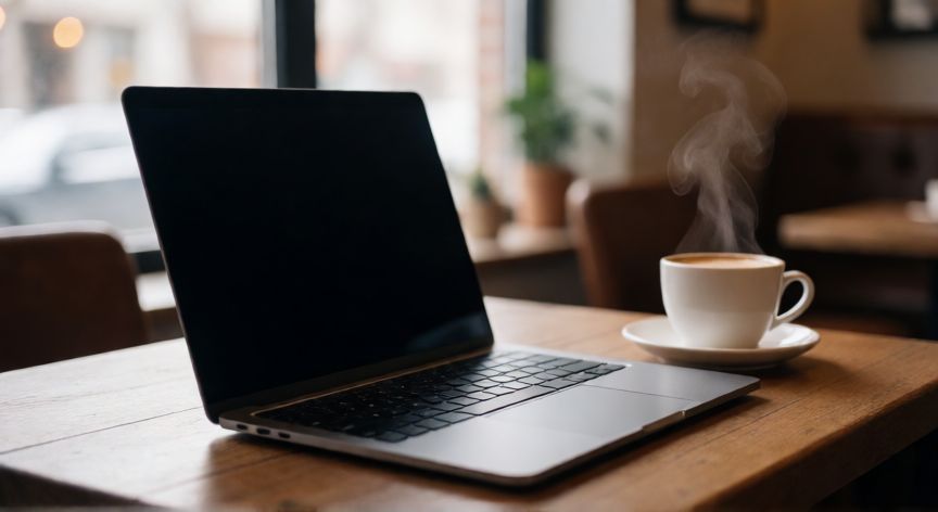 que es mejor ordenador o portatil, Portátil moderno abierto sobre una mesa de madera en una cafetería con luz natural