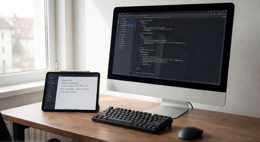 que es mejor ordenador o tablet, Configuración de oficina con ordenador de sobremesa y tablet sobre escritorio