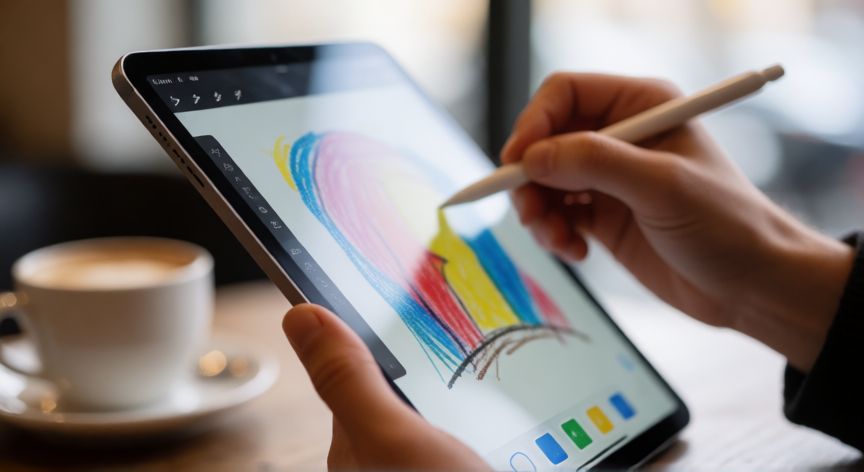 que es mejor ordenador o tablet, Persona usando tablet con lápiz digital en una cafetería
