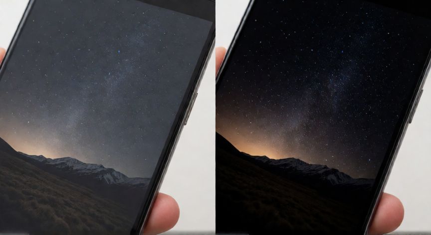 Comparación visual de pantalla IPS contra AMOLED mostrando diferencias en contraste y negros