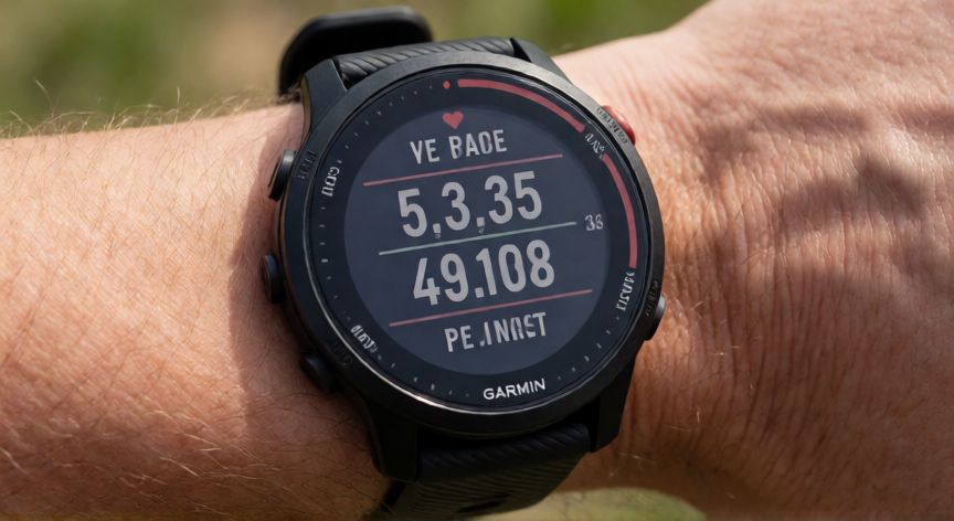 que es mejor para correr garmin o apple watch, Reloj deportivo Garmin mostrando métricas de carrera en la muñeca
