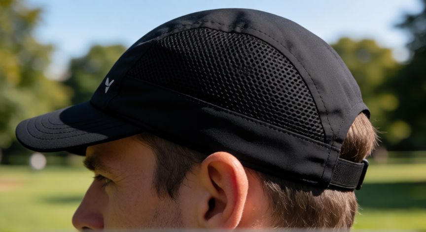 que es mejor para correr gorra o visera, Corredor usando gorra técnica con paneles de malla para correr al aire libre