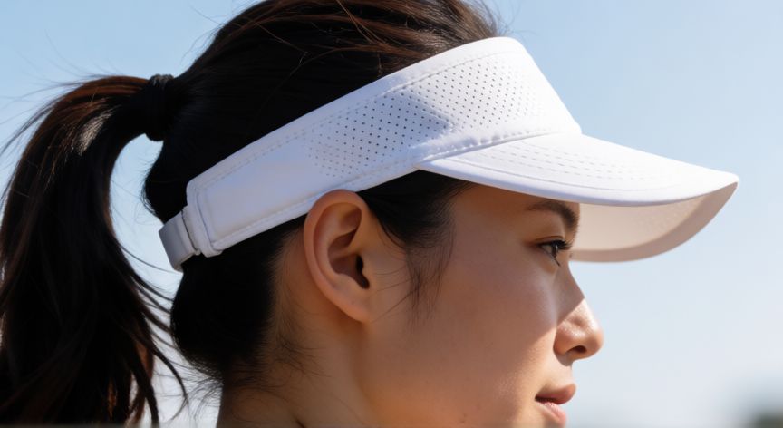 que es mejor para correr gorra o visera, Mujer corriendo con visera deportiva blanca protegiendo los ojos del sol